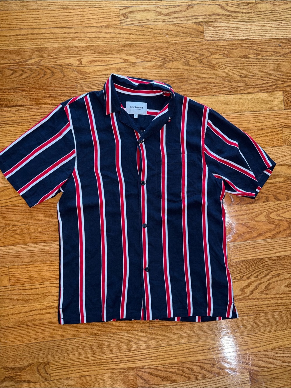 Carhartt Navy Short-Sleeve Button-Up with Red and White Stripes